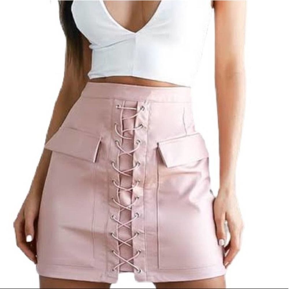 Haute Rogue Tan Suede Lace Up Front Mini Skirt